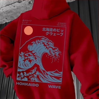 Худи с принт японски вълнов мотив и Великата вълна Канагава – винтидж стил за сърф, свободна кройка, полиестерна материя