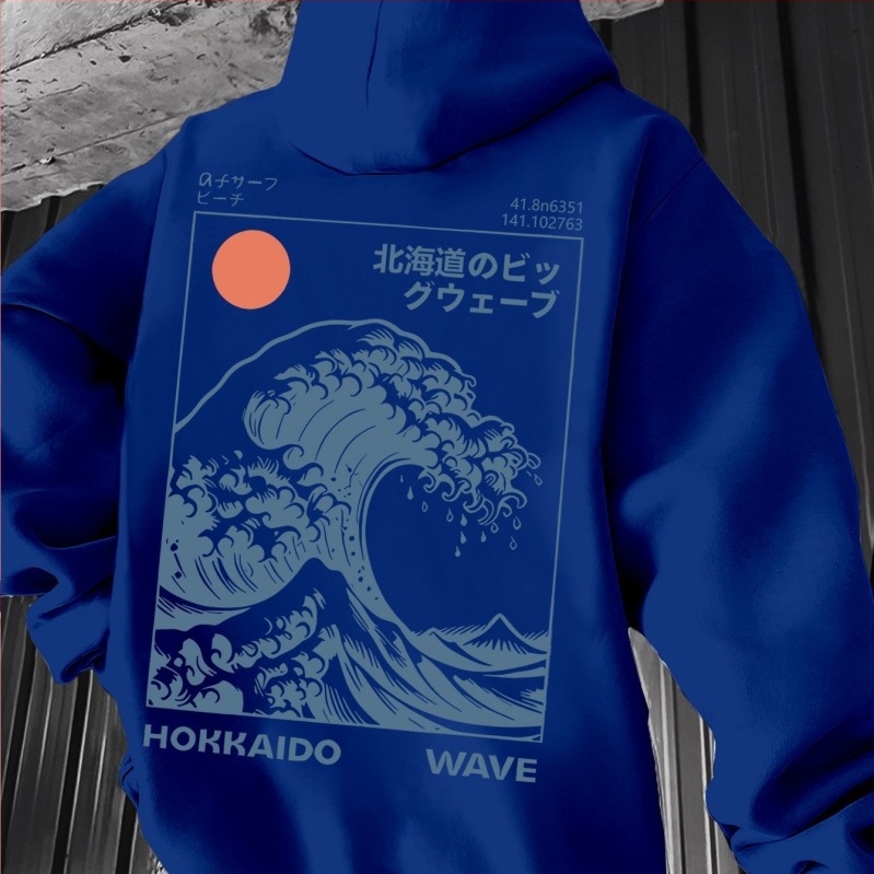 Худи с принт японски вълнов мотив и Великата вълна Канагава – винтидж стил за сърф, свободна кройка, полиестерна материя