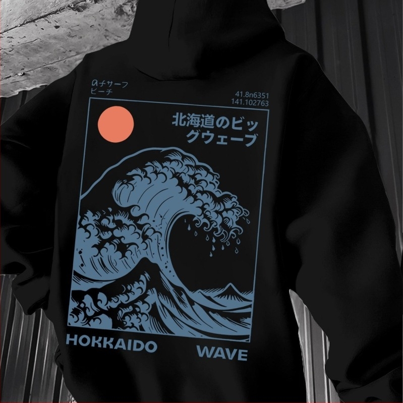 Худи с принт японски вълнов мотив и Великата вълна Канагава – винтидж стил за сърф, свободна кройка, полиестерна материя