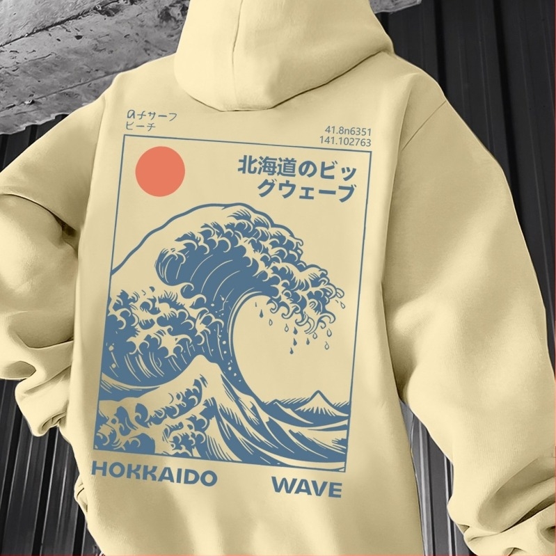 Худи с принт японски вълнов мотив и Великата вълна Канагава – винтидж стил за сърф, свободна кройка, полиестерна материя