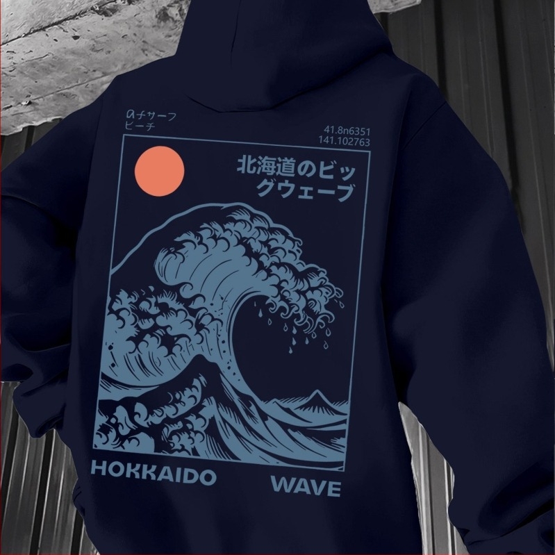 Худи с принт японски вълнов мотив и Великата вълна Канагава – винтидж стил за сърф, свободна кройка, полиестерна материя