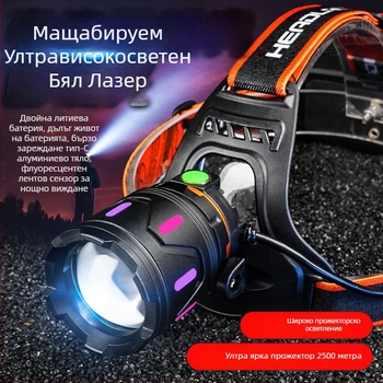 LED челник с телескопично увеличение, USB зареждане, 2400mAh батерия, 15W мощност, корпус от алуминиева сплав