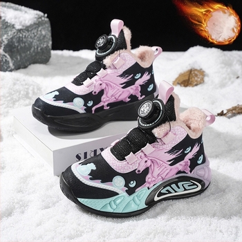 Детски зимни маратонки със синтетична кожа, карикатурен принт, водоустойчиви, издръжливи на износване, с въртящо се копче