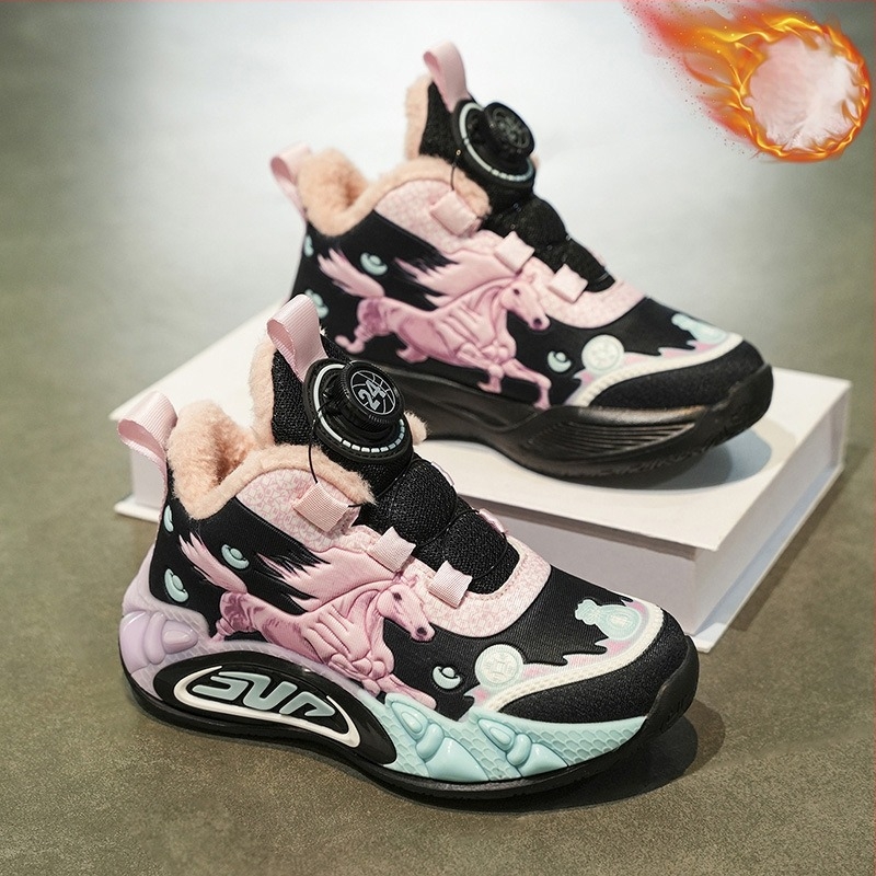 Детски зимни маратонки със синтетична кожа, карикатурен принт, водоустойчиви, издръжливи на износване, с въртящо се копче