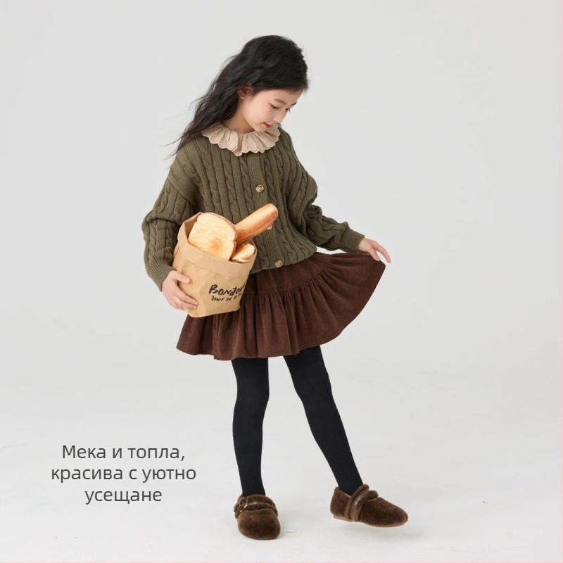 Момичешки панталон‑пола с плюшено подплатяване за зима, имитира две части, памучна материя, средна талия, мека обработка