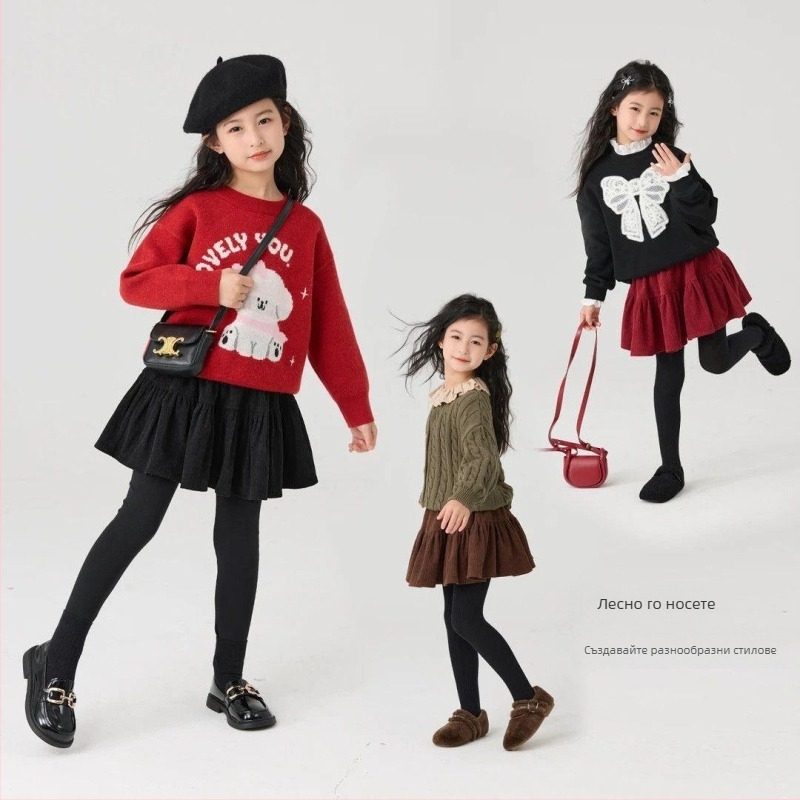 Момичешки панталон‑пола с плюшено подплатяване за зима, имитира две части, памучна материя, средна талия, мека обработка