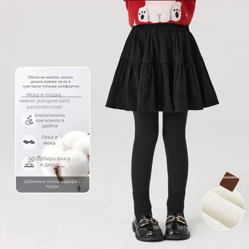 Момичешки панталон‑пола с плюшено подплатяване за зима, имитира две части, памучна материя, средна талия, мека обработка