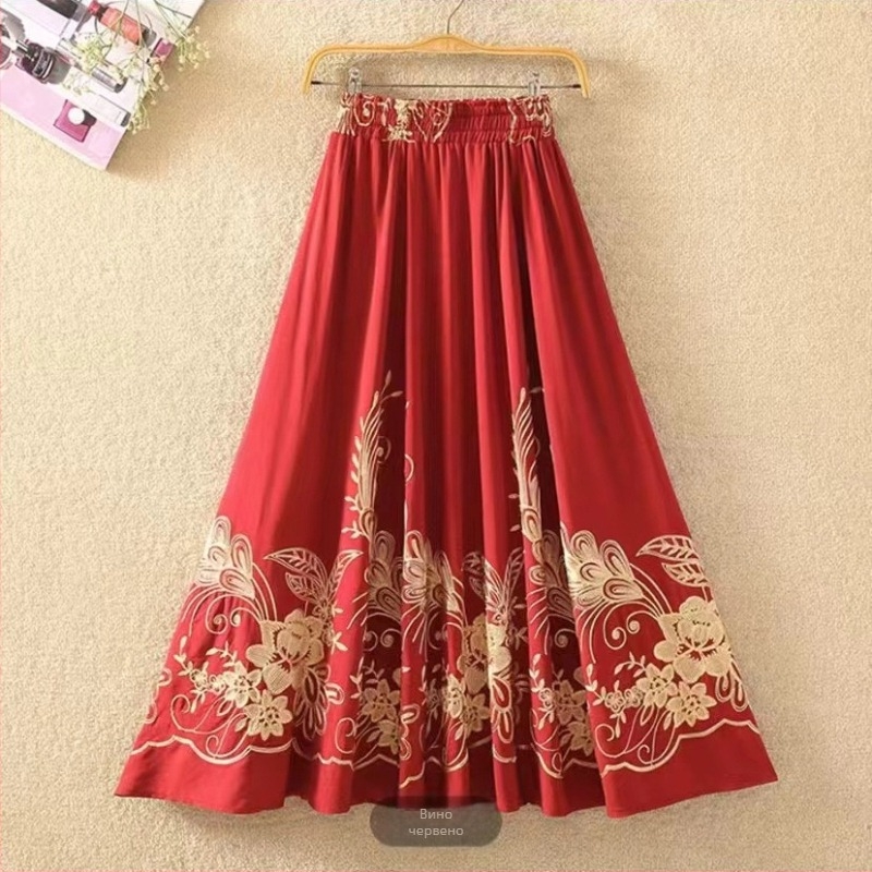 Етно стилова дълга пола А-линия с вишивка на слон, памук-лен микс, съдържание памук 50-70%, коноп <30%, Пролет 2023