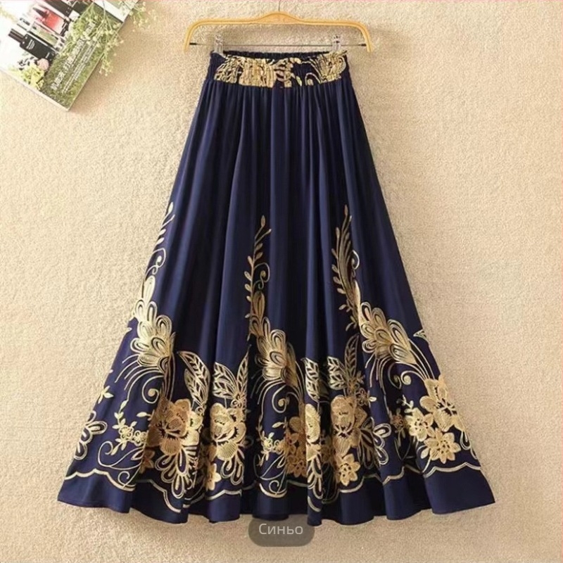 Етно стилова дълга пола А-линия с вишивка на слон, памук-лен микс, съдържание памук 50-70%, коноп <30%, Пролет 2023