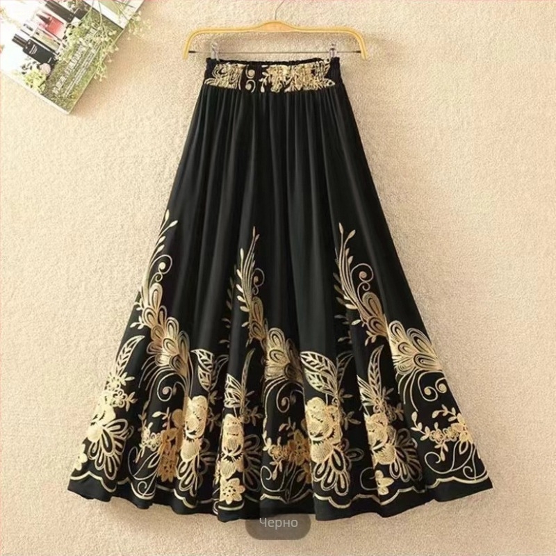 Етно стилова дълга пола А-линия с вишивка на слон, памук-лен микс, съдържание памук 50-70%, коноп <30%, Пролет 2023