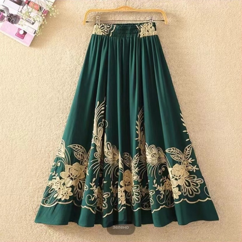 Етно стилова дълга пола А-линия с вишивка на слон, памук-лен микс, съдържание памук 50-70%, коноп <30%, Пролет 2023