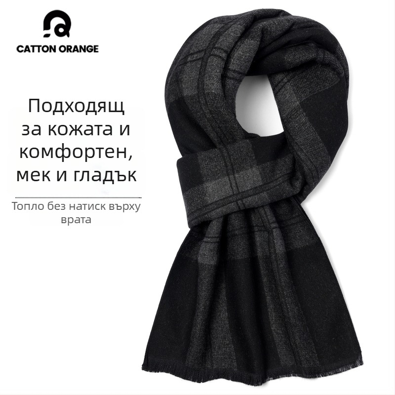 Мъжки зимен шал от вискозно влакно, каре, средно дълъг, удебелен за топлина, зима 2025