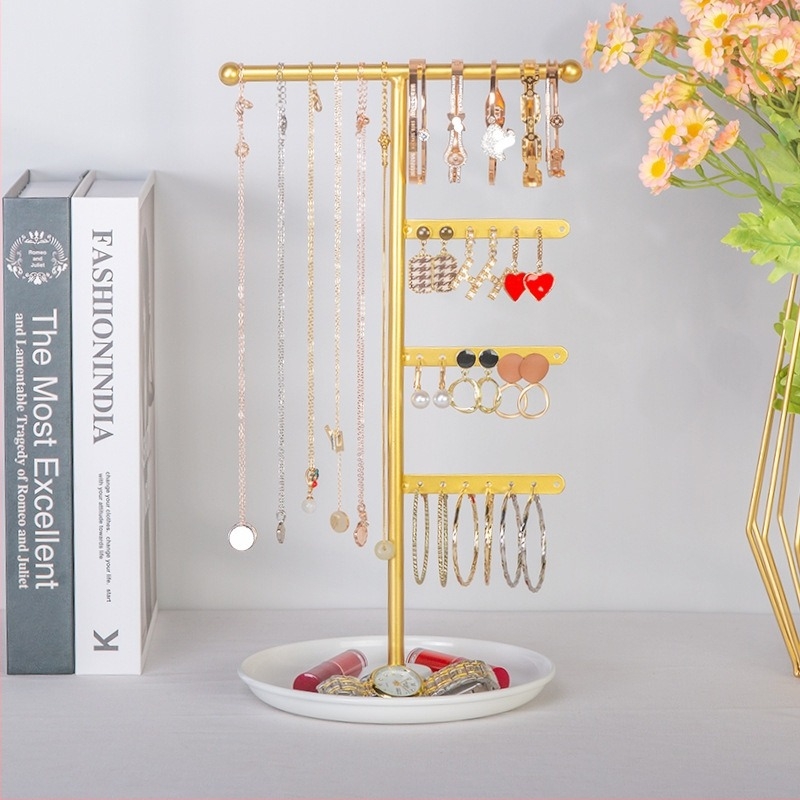 Стойка за бижута с метална тава в основата, настолен държач за обеци и колиета, разборна, с четири нива