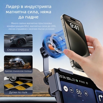 Автомобилен държач за телефон с MagSafe, алуминиев сплав, силен магнит, щракващ монтаж, регулиране на ъгъла за електрически автомобили (EV)