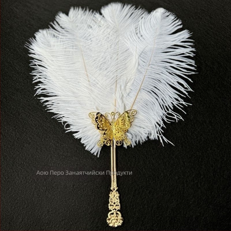 Перушинен ръчен фен – ръчна изработка, китайски стил, пластмасова рамка, Ao feather марка