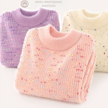 Детски зимен плетен пуловер за момичета, дълги ръкави, кръгла яка, модел точки