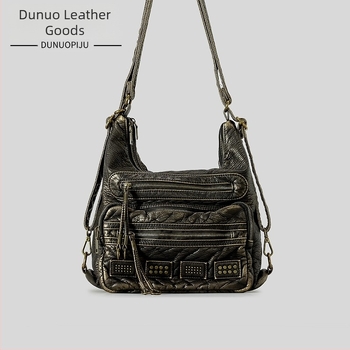 Винтидж мотоциклетна tote торба с голям капацитет, PU материал, лято 2024 лансиране, ципно отваряне, вътрешен джоб за телефон, подходяща за свободно пътуване