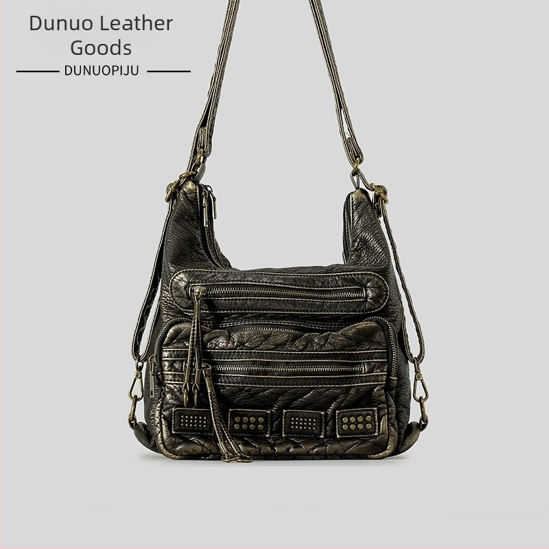 Винтидж мотоциклетна tote торба с голям капацитет, PU материал, лято 2024 лансиране, ципно отваряне, вътрешен джоб за телефон, подходяща за свободно пътуване