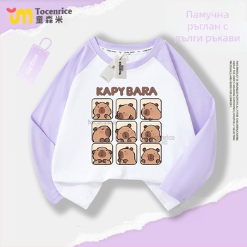 Детска памучна тениска с дълги ръкави, Casual стил, Карикатурен принт, Есен 2024, Унисекс, за деца над 8 години