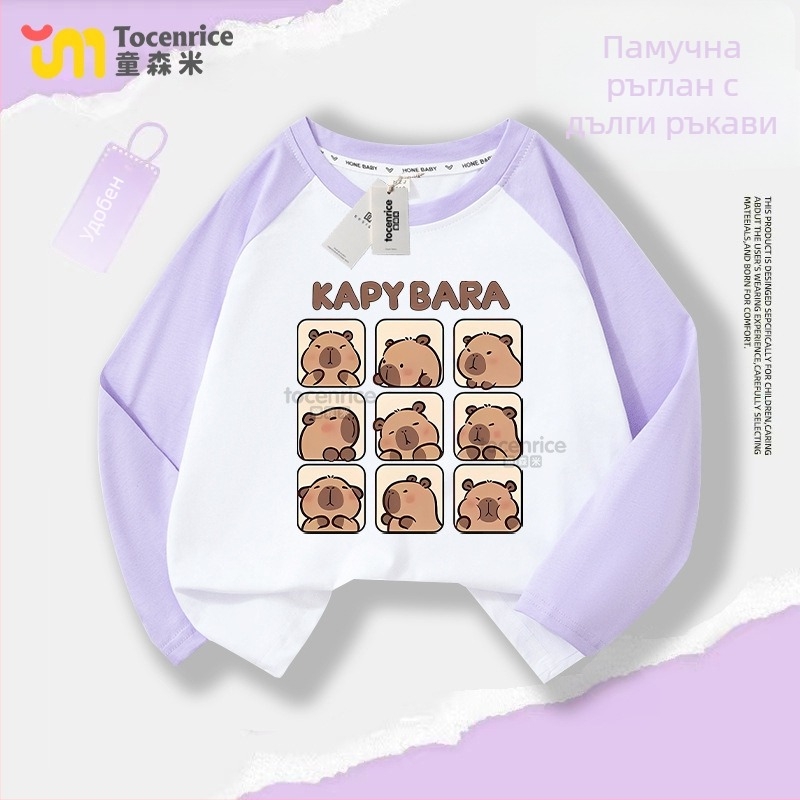 Детска памучна тениска с дълги ръкави, Casual стил, Карикатурен принт, Есен 2024, Унисекс, за деца над 8 години