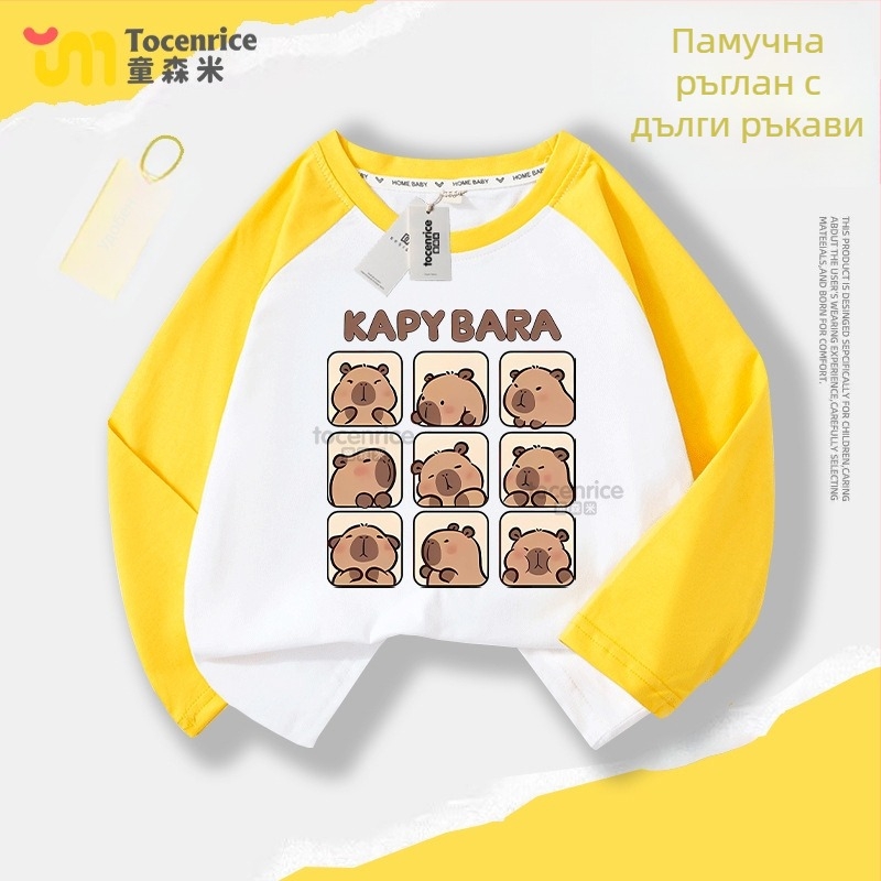 Детска памучна тениска с дълги ръкави, Casual стил, Карикатурен принт, Есен 2024, Унисекс, за деца над 8 години