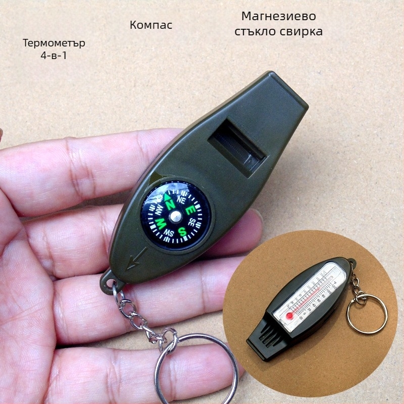 Кампинг мултиинструмент със компас, термометър, лупа и свирка (комплект от две части)