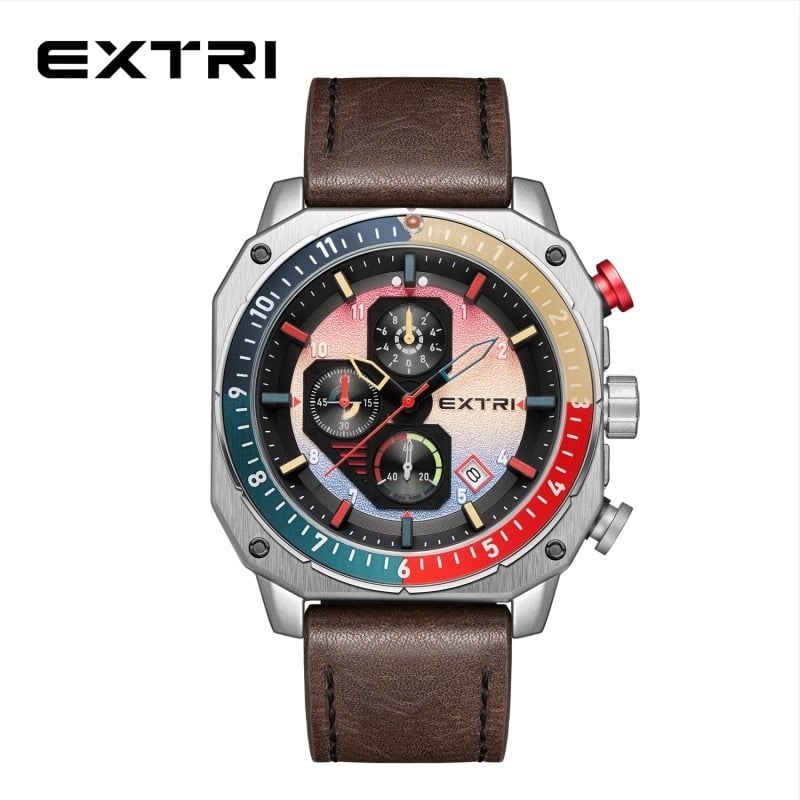 Extri мъжки часовник: кварцов механизъм, хронограф и календар, корпус от цинков сплав, водоустойчивост 30m, каишка от естествена кожа
