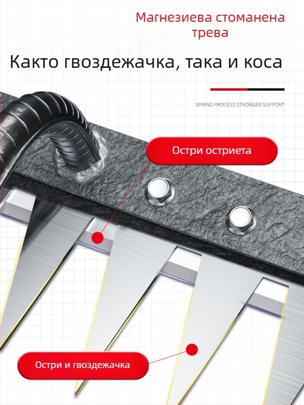 Гребло за плевене от манганова стома̀на – многофункционална мотика за плевене и засаждане на зеленчуци, петзъбна конструкция, разрохване на почвата