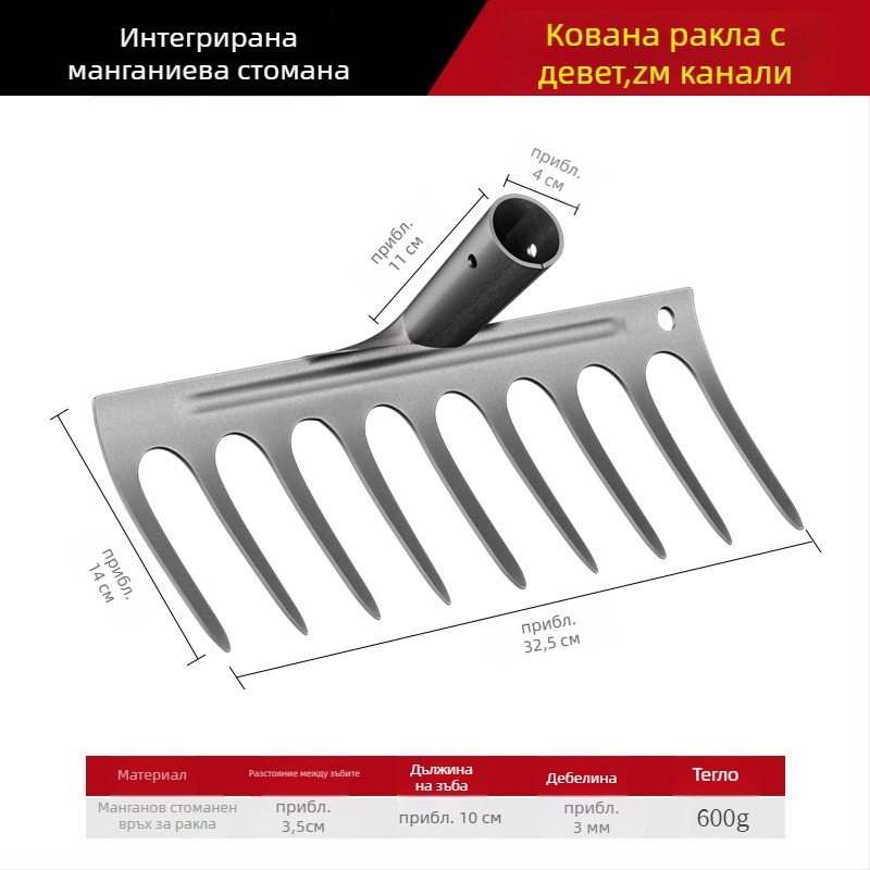 Гребло за плевене от манганова стома̀на – многофункционална мотика за плевене и засаждане на зеленчуци, петзъбна конструкция, разрохване на почвата