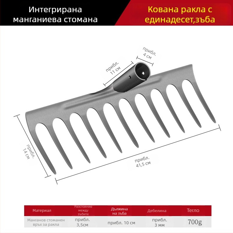 Гребло за плевене от манганова стома̀на – многофункционална мотика за плевене и засаждане на зеленчуци, петзъбна конструкция, разрохване на почвата