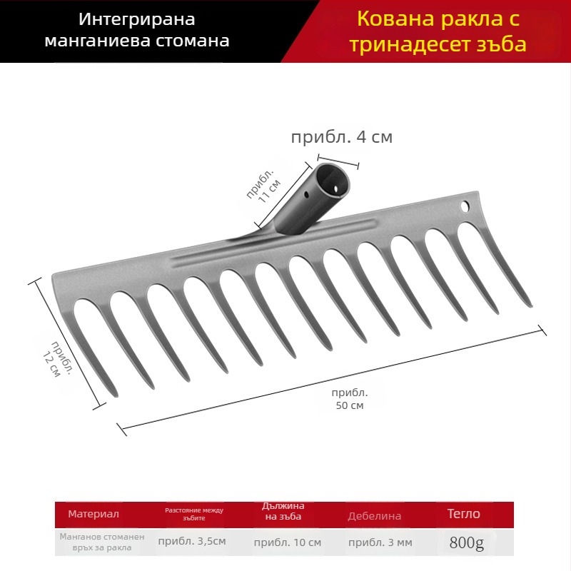 Гребло за плевене от манганова стома̀на – многофункционална мотика за плевене и засаждане на зеленчуци, петзъбна конструкция, разрохване на почвата