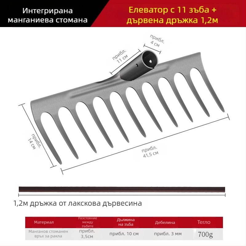 Гребло за плевене от манганова стома̀на – многофункционална мотика за плевене и засаждане на зеленчуци, петзъбна конструкция, разрохване на почвата