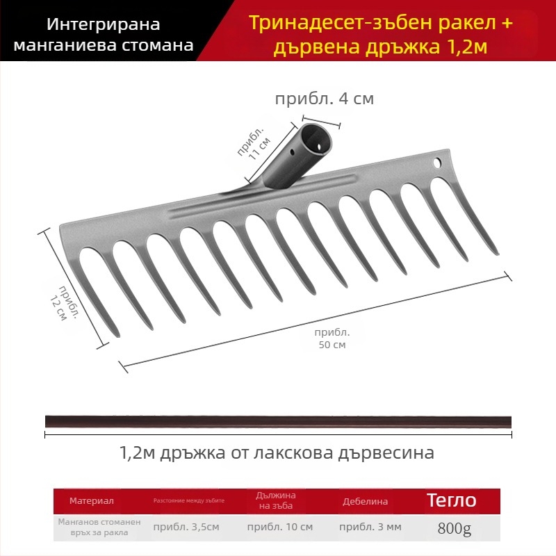 Гребло за плевене от манганова стома̀на – многофункционална мотика за плевене и засаждане на зеленчуци, петзъбна конструкция, разрохване на почвата