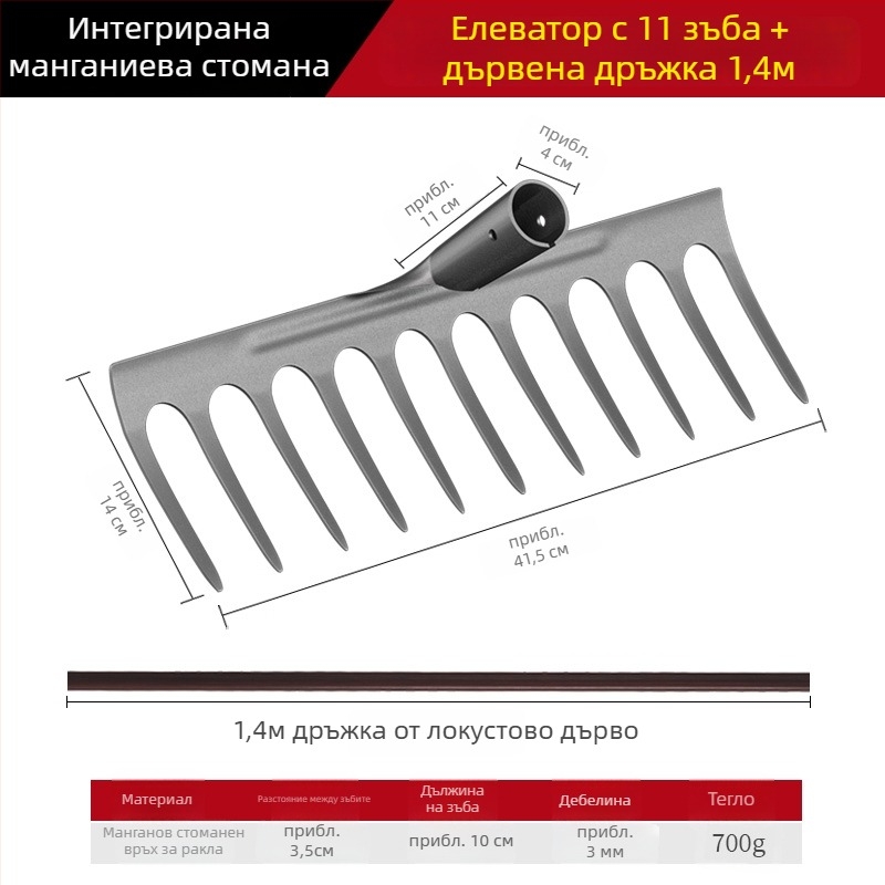Гребло за плевене от манганова стома̀на – многофункционална мотика за плевене и засаждане на зеленчуци, петзъбна конструкция, разрохване на почвата