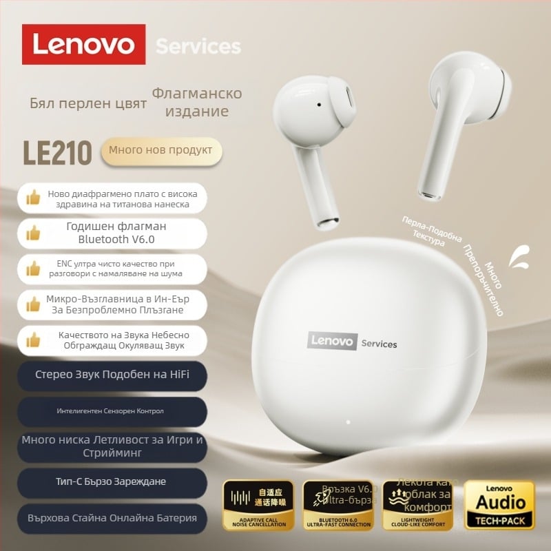 Lenovo Le210 Bluetooth In-Ear слушалки с ушна кука, стерео звук, Bluetooth 5.1, гласово управление, 4–8 ч време на работа