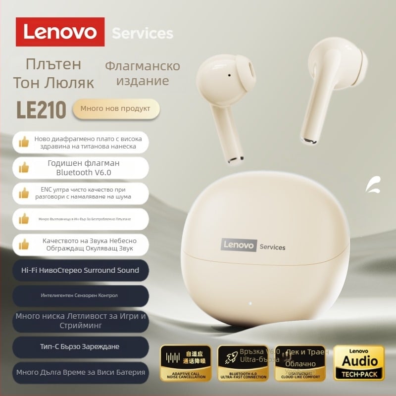 Lenovo Le210 Bluetooth In-Ear слушалки с ушна кука, стерео звук, Bluetooth 5.1, гласово управление, 4–8 ч време на работа