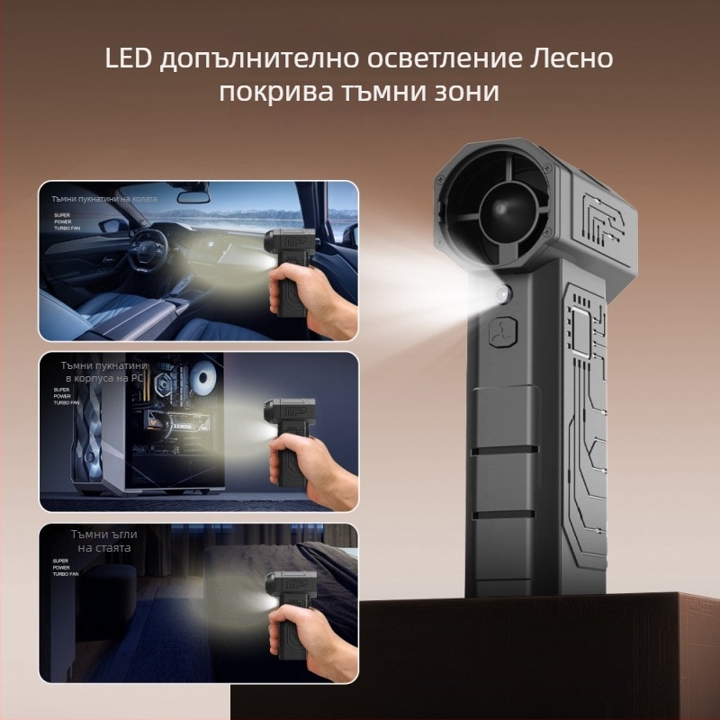 Мини портативен безчетков ръчен вентилатор с функция за духане на прах за открито, USB захранване, батерия 6000mAh, 4 скорости, 6+ лопатки