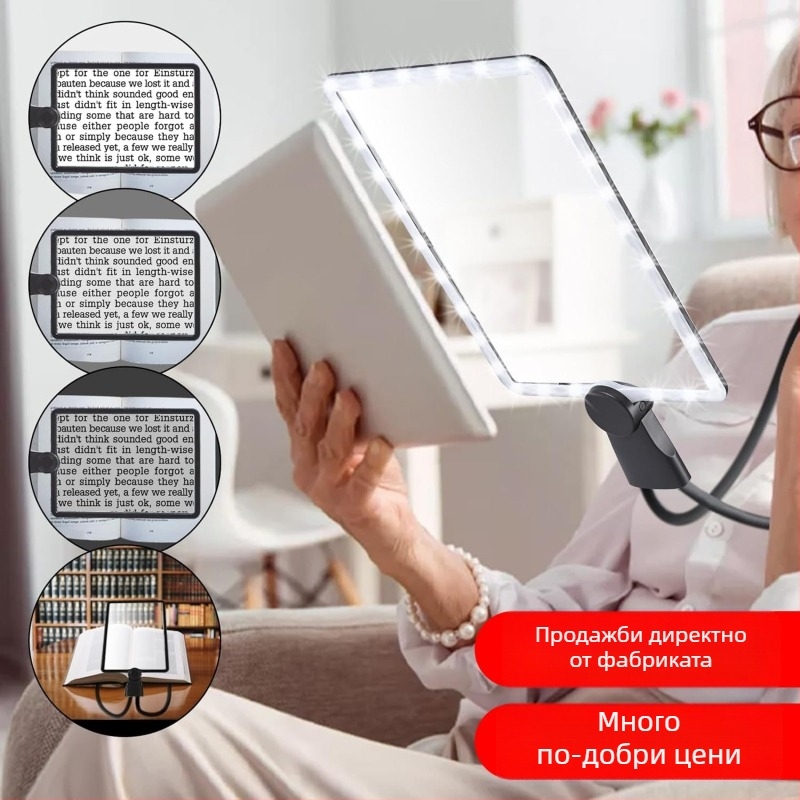 Sonke 8039-5 Зареждаема квадратна лупа с 50 LED за ръчно, настолно използване и носене около врата — HD четене
