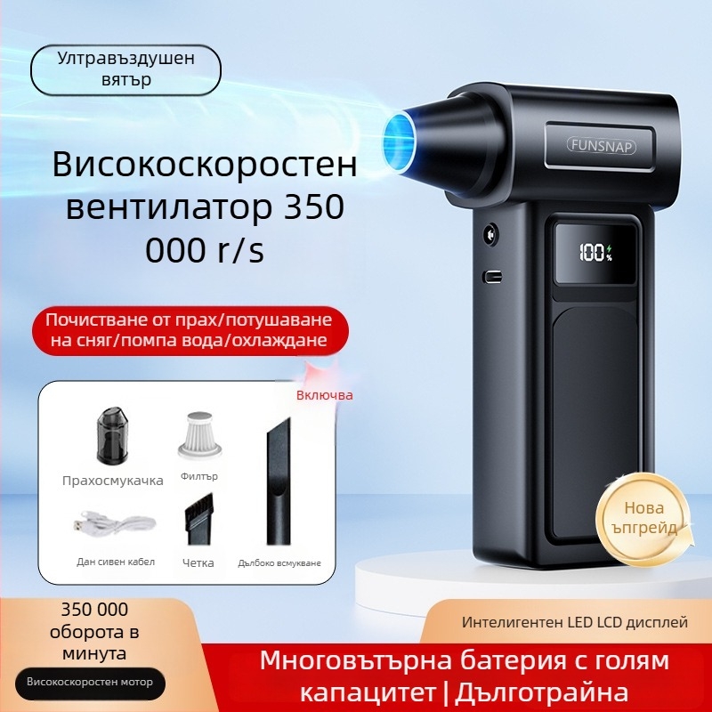 Ръчен турбо вентилатор, 4 скорости, безчетков двигател, вградена литиева батерия 2000–4000 mAh, шум 36–45 dB