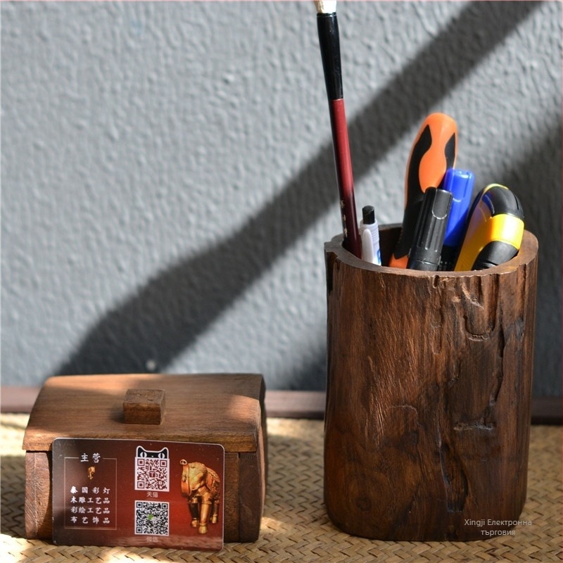 Държач за моливи от дърво, кръгъл, модел T096, ретро стил за домашен офис, подарък за преместване на дом и за Коледа.