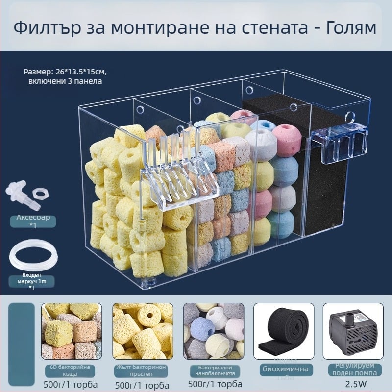 Стенно монтиран филтър за аквариум, тройно филтриране, кислородиране и поддръжка на полезни бактерии, тиха работа, тегло 1 кг