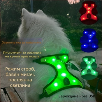 Кучешка гръдна презрамка – мрежеста материя, USB зареждане, LED светлина за нощно осветление, разтегателна