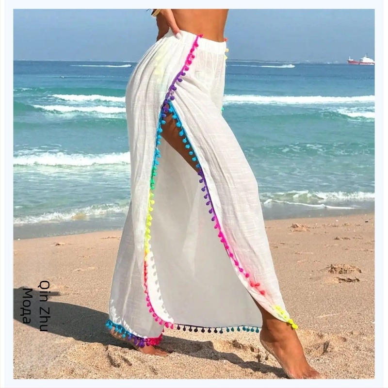 Дамски UV-защитни плажни панталони, свободна кройка с ресни, Bamboo Cotton плат, памук 60%, подплата полиестер 40%, 194 g, подходящи за плуване и водни спортове