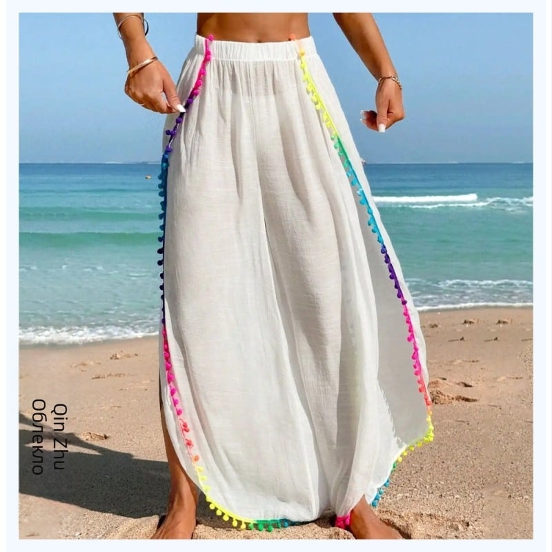 Дамски UV-защитни плажни панталони, свободна кройка с ресни, Bamboo Cotton плат, памук 60%, подплата полиестер 40%, 194 g, подходящи за плуване и водни спортове