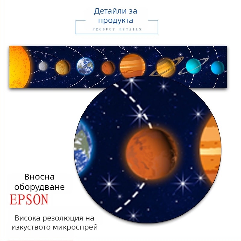 Платнена стенна картина с дървена рамка – модерен минималистичен стил, планети от Слънчевата система за детска стая, персонализируема, с рамка, единична или двучасткова композиция