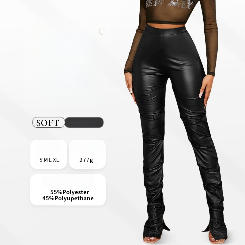 Дамски панталон от изкуствена кожа, дълъг, втален, странично плисиран с цепка, ежедневен европейски и американски стил, пролет и есен, удължаващ крака