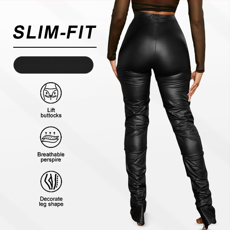 Дамски панталон от изкуствена кожа, дълъг, втален, странично плисиран с цепка, ежедневен европейски и американски стил, пролет и есен, удължаващ крака
