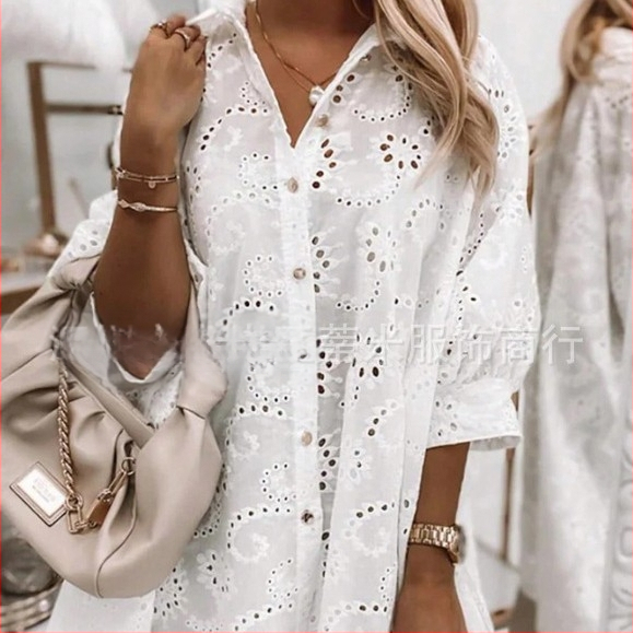 Nova europska i američka čipkasta šuplja haljina za veće veličine, ležerna košulja, Amazon Independent Station iz 2025.