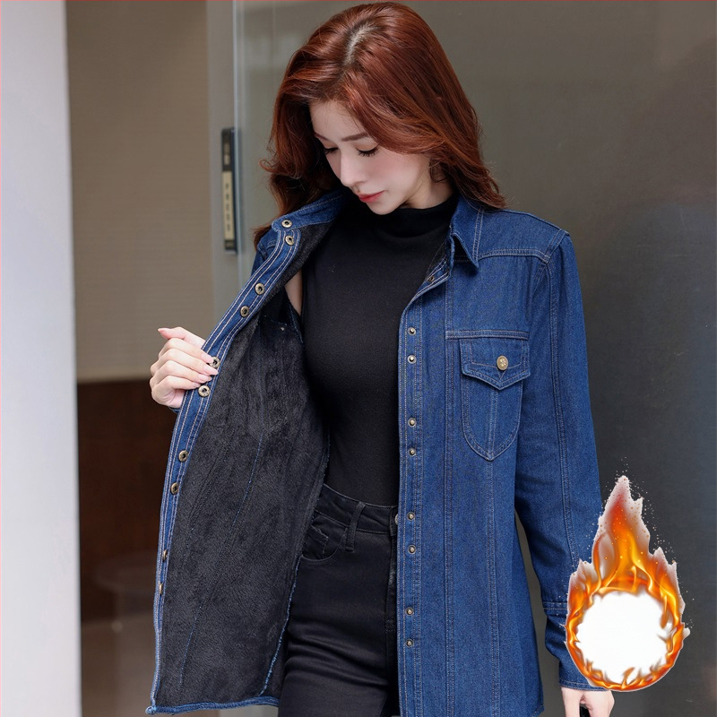 Nova široka, topla traper košulja srednje duljine s flis podstavom za jesen i zimu 2024. za žene