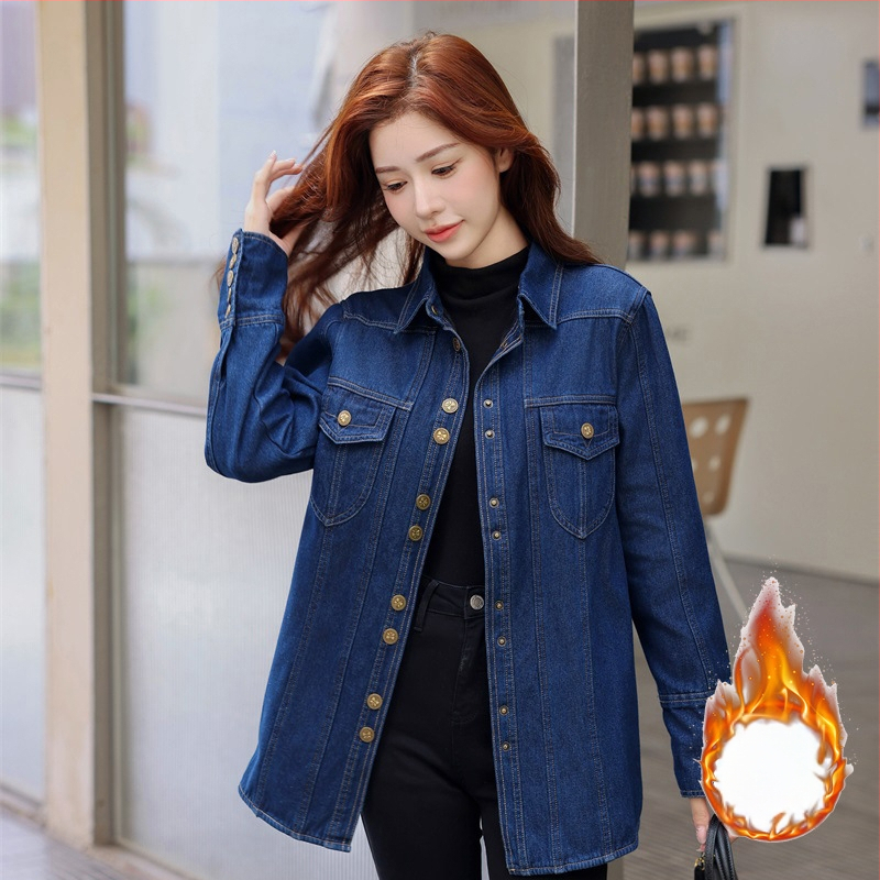 Nova široka, topla traper košulja srednje duljine s flis podstavom za jesen i zimu 2024. za žene